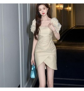 少女禮服裙方領泡泡袖不規則裙