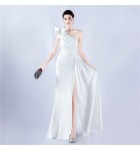 晚裝禮服單肩釘珠壓褶長裙