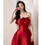 少女禮服裙立體花朵抹胸緞面中長裙