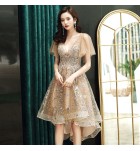 少女禮服裙V領珠片前短後長裙