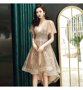 少女禮服裙V領珠片前短後長裙