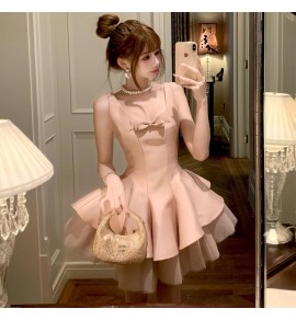 少女禮服裙方領無袖蝴蝶結蓬蓬裙