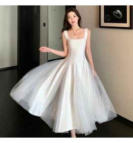 少女禮服裙吊帶方領網紗蓬蓬裙