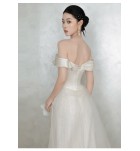晚裝禮服裙白色一字肩緞面長裙