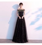 晚裝禮服裙一字肩亮片長裙
