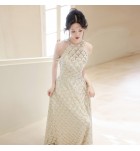 晚裝禮服裙掛脖露肩流蘇亮片長裙