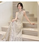 晚裝禮服裙掛脖露肩流蘇亮片長裙