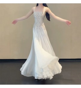 晚裝禮服裙鑲鑽吊帶露背長裙