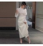 禮服裙白色立領蕾絲緞面長裙