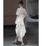 禮服裙白色立領蕾絲緞面長裙