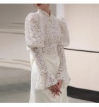 禮服裙白色立領蕾絲緞面長裙