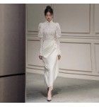 禮服裙白色立領蕾絲緞面長裙