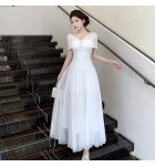 少女禮服裙一字肩V領大擺裙