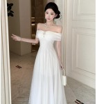 少女禮服裙一字肩V領大擺裙