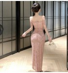 少女禮服裙一字肩後開叉中長裙