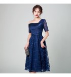 晚裝禮服裙單肩三分袖中長裙