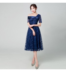 晚裝禮服裙單肩三分袖中長裙