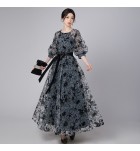 少女禮服裙圓領蕾絲長袖長裙