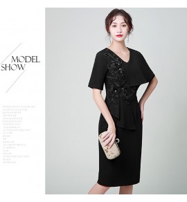 少女禮服裙V領不對稱袖中裙