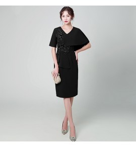 少女禮服裙V領不對稱袖中裙