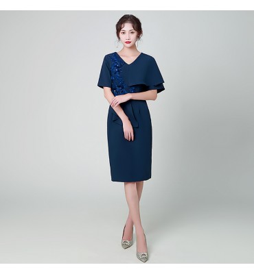 少女禮服裙V領不對稱袖中裙