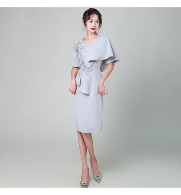 少女禮服裙V領不對稱袖中裙