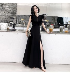 少女禮服裙性感V領飛飛袖開叉長裙