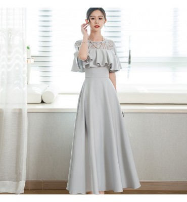 少女禮服裙蕾絲圓領荷葉袖長裙