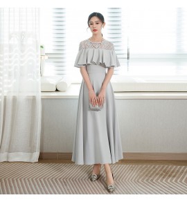 少女禮服裙蕾絲圓領荷葉袖長裙