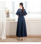 少女禮服裙蕾絲圓領荷葉袖長裙