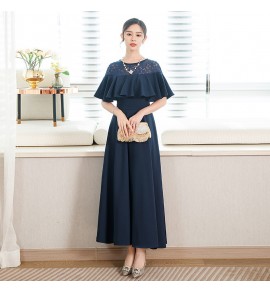 少女禮服裙蕾絲圓領荷葉袖長裙