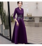 禮服裙紫色立領中袖刺繡長裙