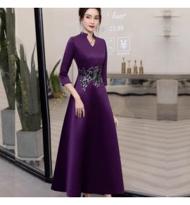 禮服裙紫色立領中袖刺繡長裙
