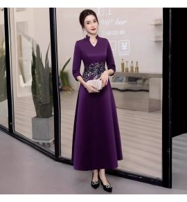 禮服裙紫色立領中袖刺繡長裙