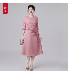 禮服裙蕾絲圓小V領中袖刺繡中長裙