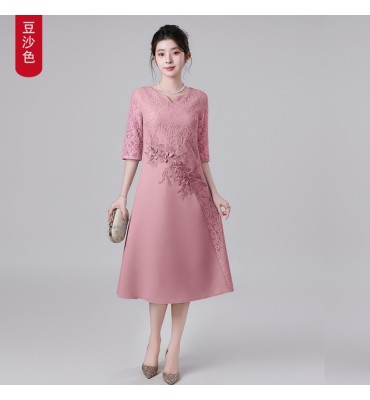 禮服裙蕾絲圓小V領中袖刺繡中長裙