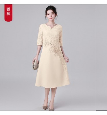 禮服裙蕾絲圓小V領中袖刺繡中長裙