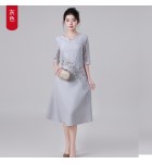 禮服裙蕾絲圓小V領中袖刺繡中長裙