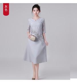禮服裙蕾絲圓小V領中袖刺繡中長裙