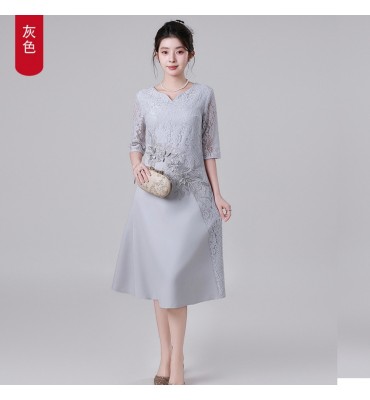 禮服裙蕾絲圓小V領中袖刺繡中長裙