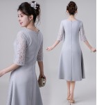禮服裙蕾絲圓小V領中袖刺繡中長裙