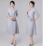 禮服裙蕾絲圓小V領中袖刺繡中長裙