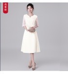 禮服裙蕾絲圓小V領中袖刺繡中長裙
