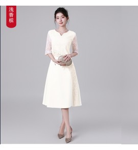 禮服裙蕾絲圓小V領中袖刺繡中長裙
