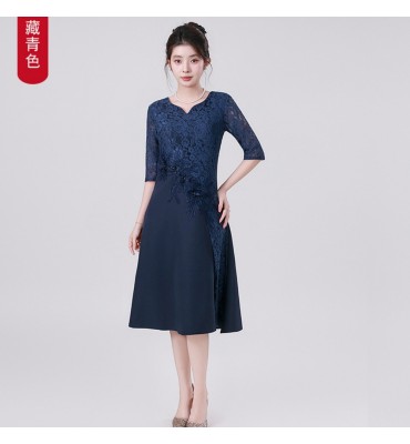 禮服裙蕾絲圓小V領中袖刺繡中長裙