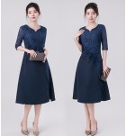 禮服裙蕾絲圓小V領中袖刺繡中長裙
