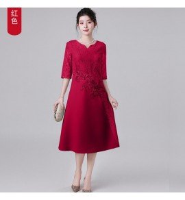 禮服裙蕾絲圓小V領中袖刺繡中長裙
