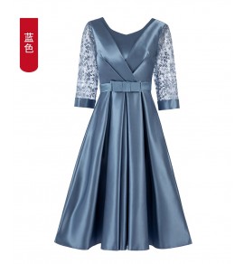 女裝禮服圓領蕾絲袖緞面中長連身裙