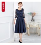 女裝禮服圓領蕾絲袖緞面中長連身裙
