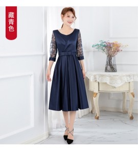 女裝禮服圓領蕾絲袖緞面中長連身裙